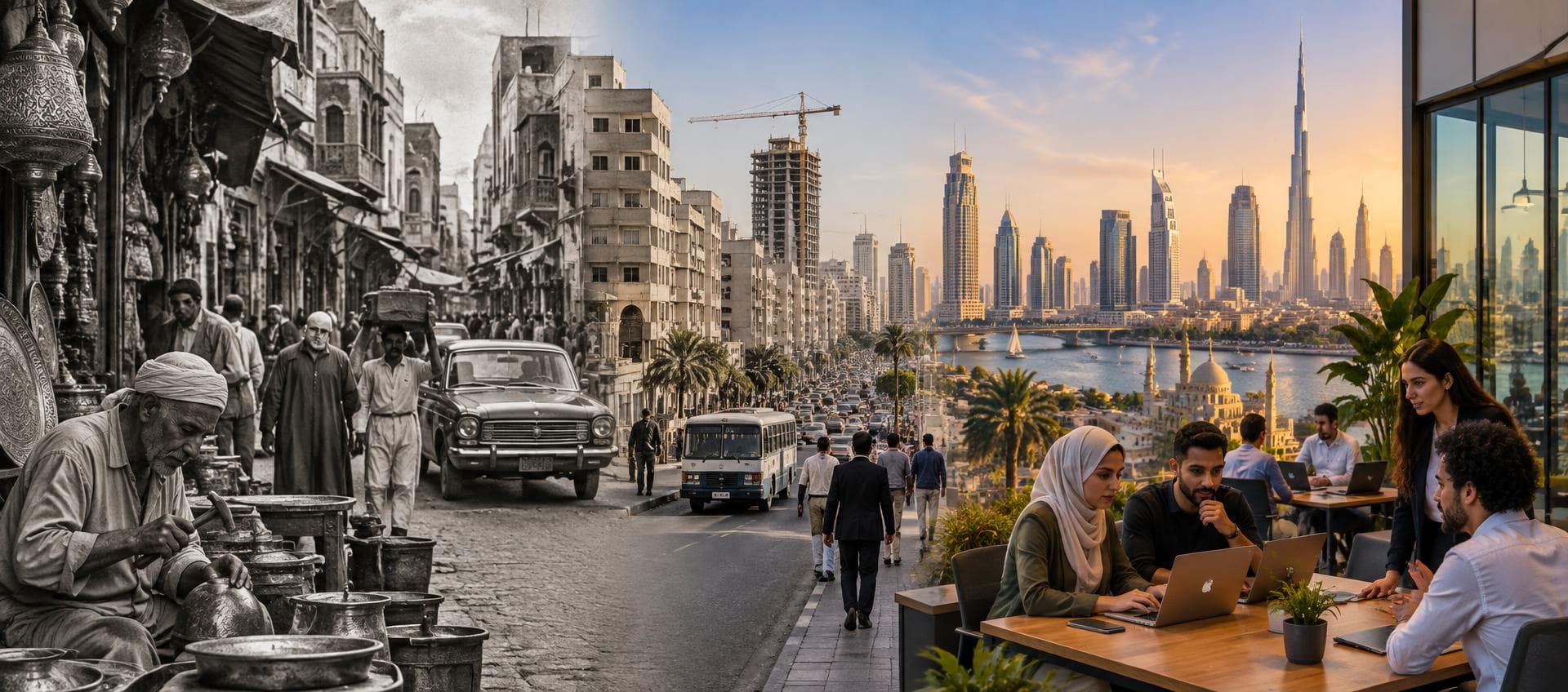 MENA street life transforming into a modern city skyline